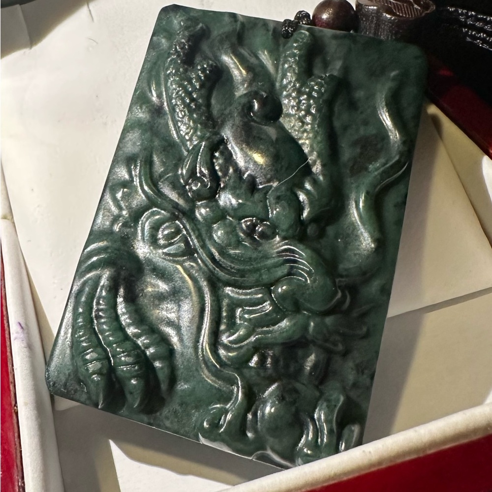 Dragon Carved Stone Pendant- Dark Green